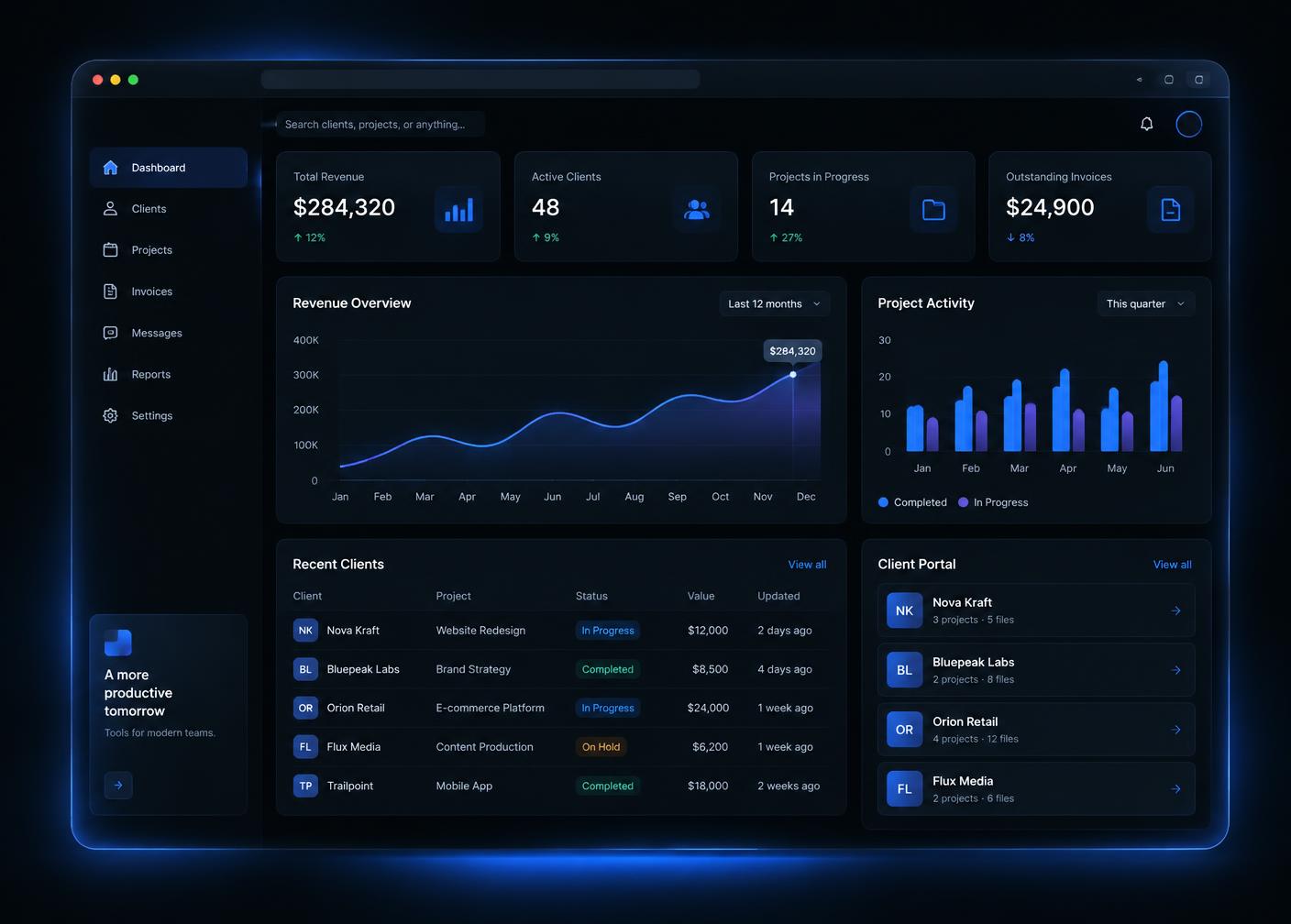 Custom web application dashboard concept with reporting, client records, and a client portal