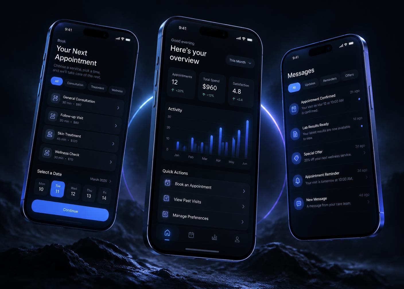 Mobile app interface concepts — booking, customer dashboard, and messaging screens