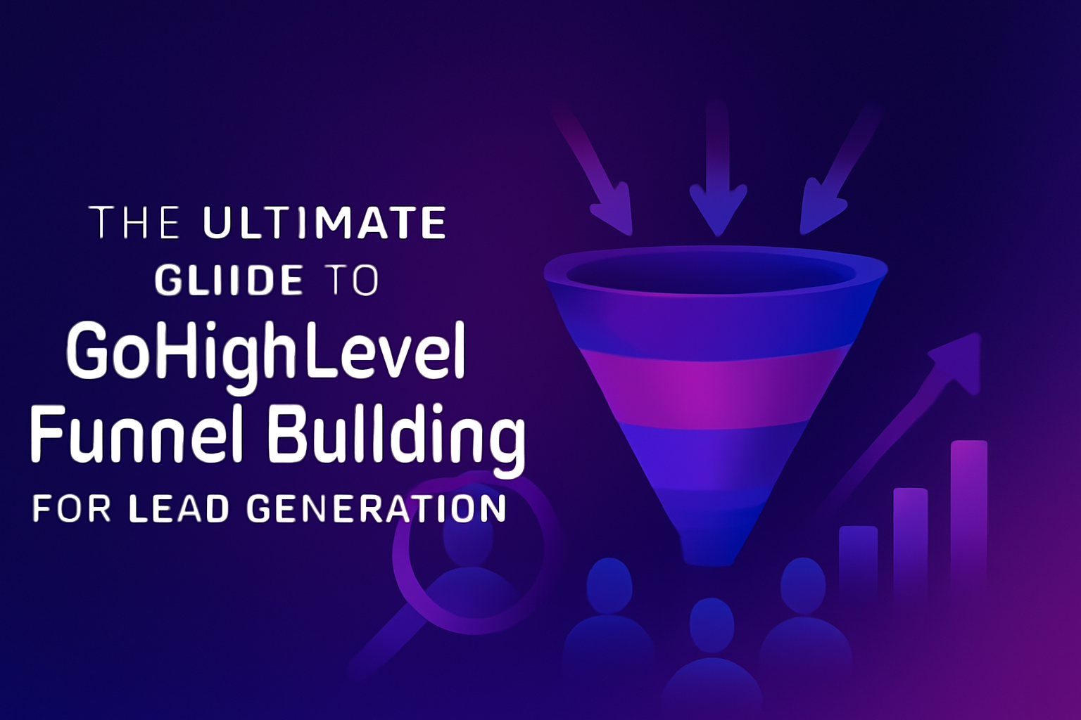 GoHighLevel funnel building guide for lead generation. Learn to create effective sales funnels with GoHighLevel CRM, featuring a colorful funnel graphic, lead generation symbols like magnifying glass and bar charts, and growth indicators.